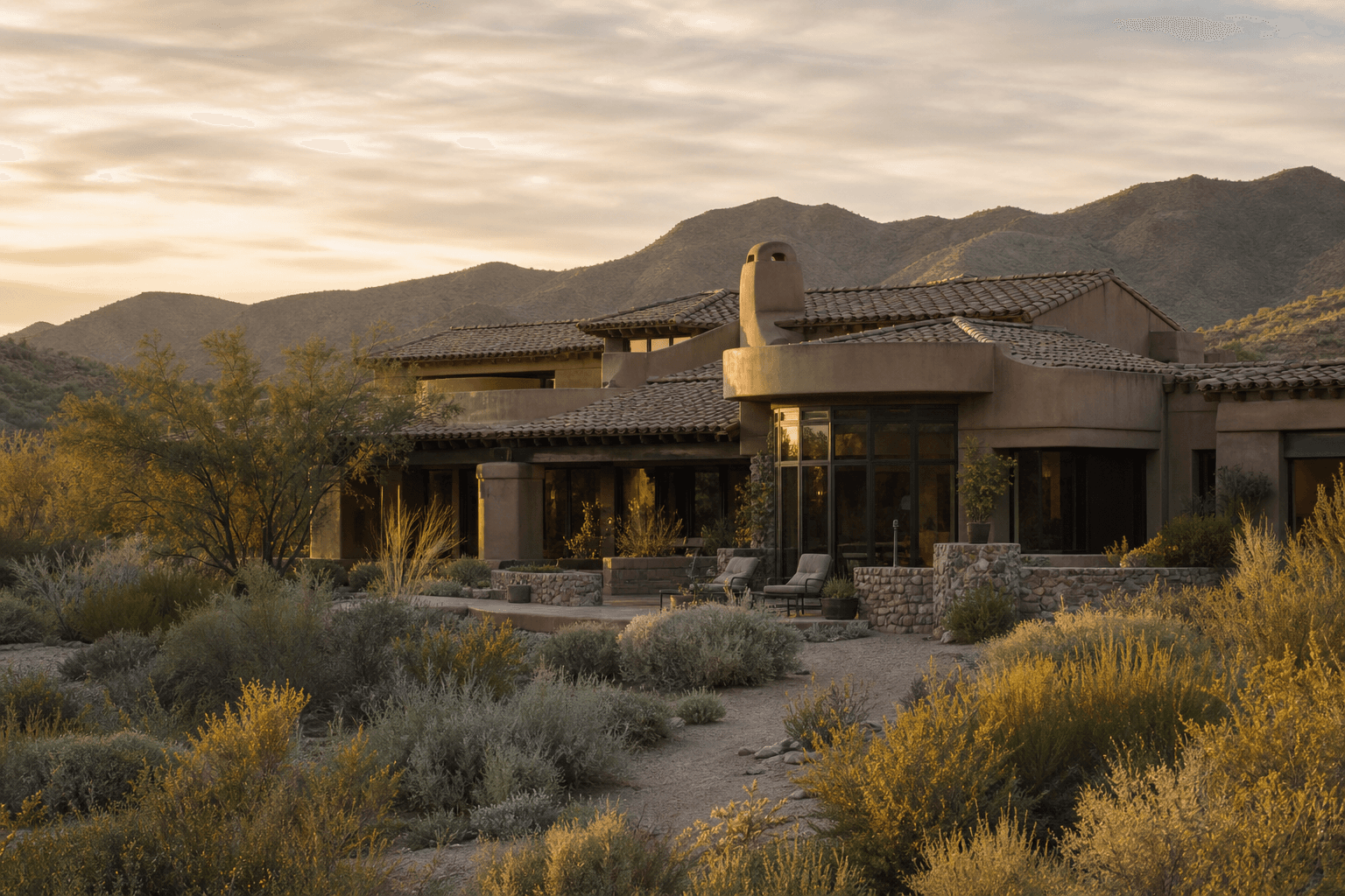 Custom desert residence at golden hour with tile roof integrated into the architecture.