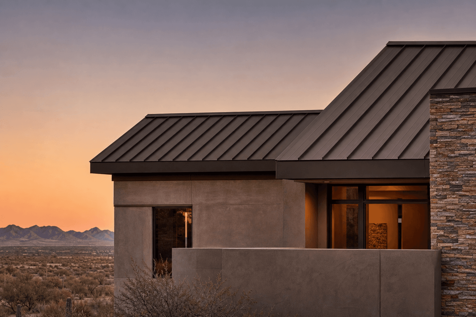 Contemporary home roof with standing seam metal panels.
